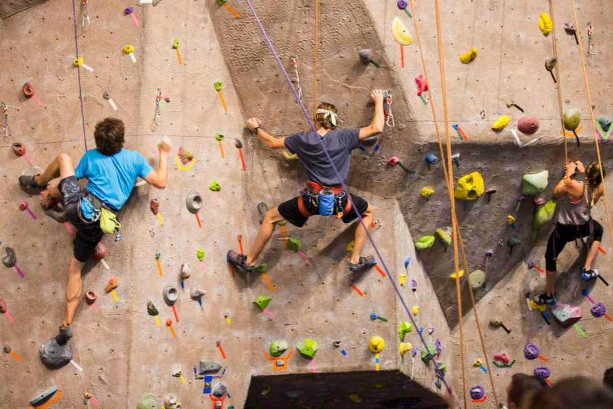 three climbers scaling the wall at the climbing center